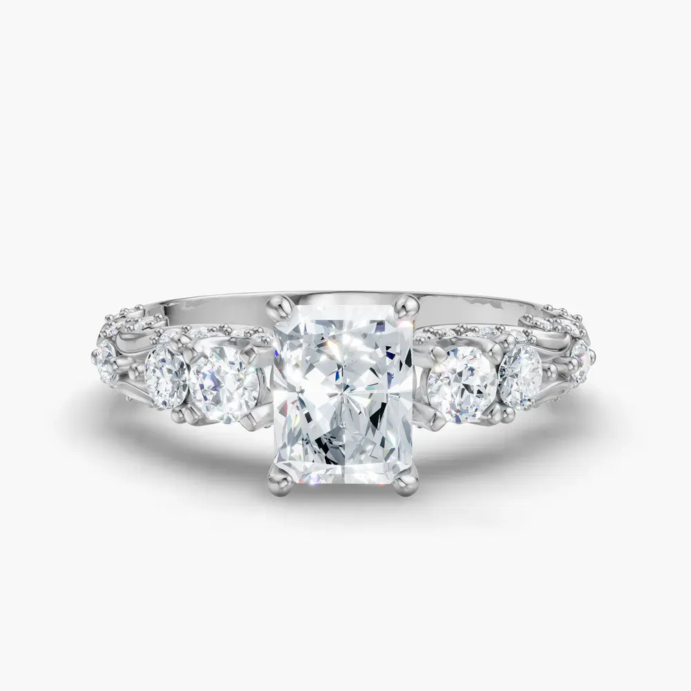 Certified 1 carat Lab Grown Diamond Radiant Cut Hidden Halo, Unique, Side Stone Engagement Ring in 14K White Gold-Marinia