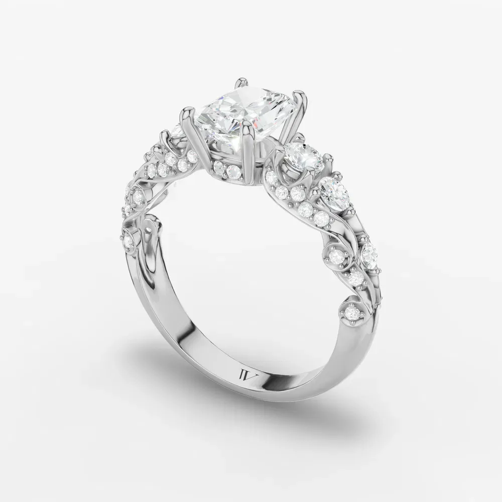 Certified 1 carat Lab Grown Diamond Radiant Cut Hidden Halo, Unique, Side Stone Engagement Ring in 14K White Gold-Marinia