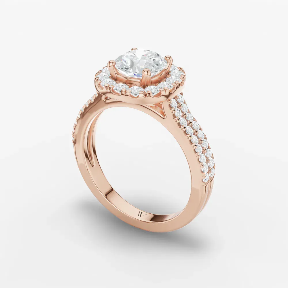 Certified 1 carat Lab Grown Diamond Round Cut Pavé, Halo, Cathedral Engagement Ring in 18K Rose Gold-Maelis