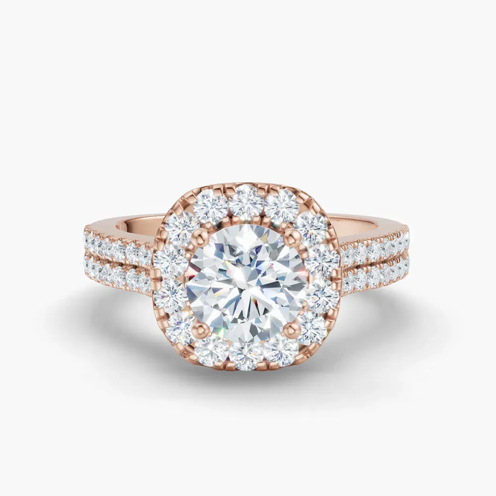 Certified 1 carat Lab Grown Diamond Round Cut Pavé, Halo, Cathedral Engagement Ring in 18K Rose Gold-Maelis