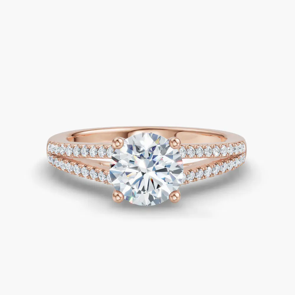 Certified 1 carat Lab Grown Diamond Round Cut Pavé, Cathedral, Split Shank Engagement Ring in 18K Rose Gold-Lumy