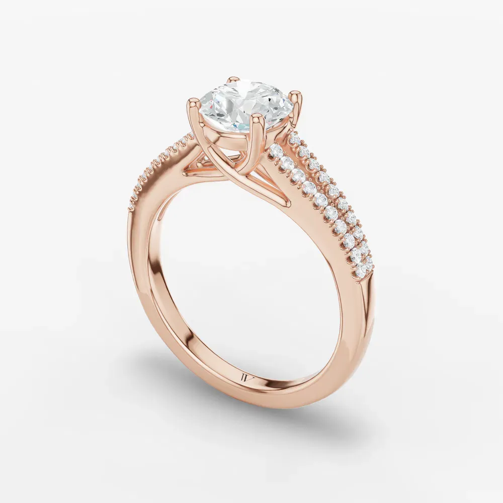Certified 1 carat Lab Grown Diamond Round Cut Pavé, Cathedral, Split Shank Engagement Ring in 18K Rose Gold-Lumy