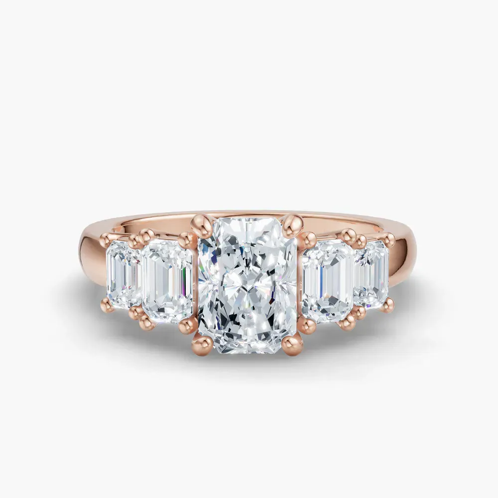 Certified 1 carat Lab Grown Diamond Radiant Cut Five Stone, Side Stone Engagement Ring in 18K Rose Gold-Osvh