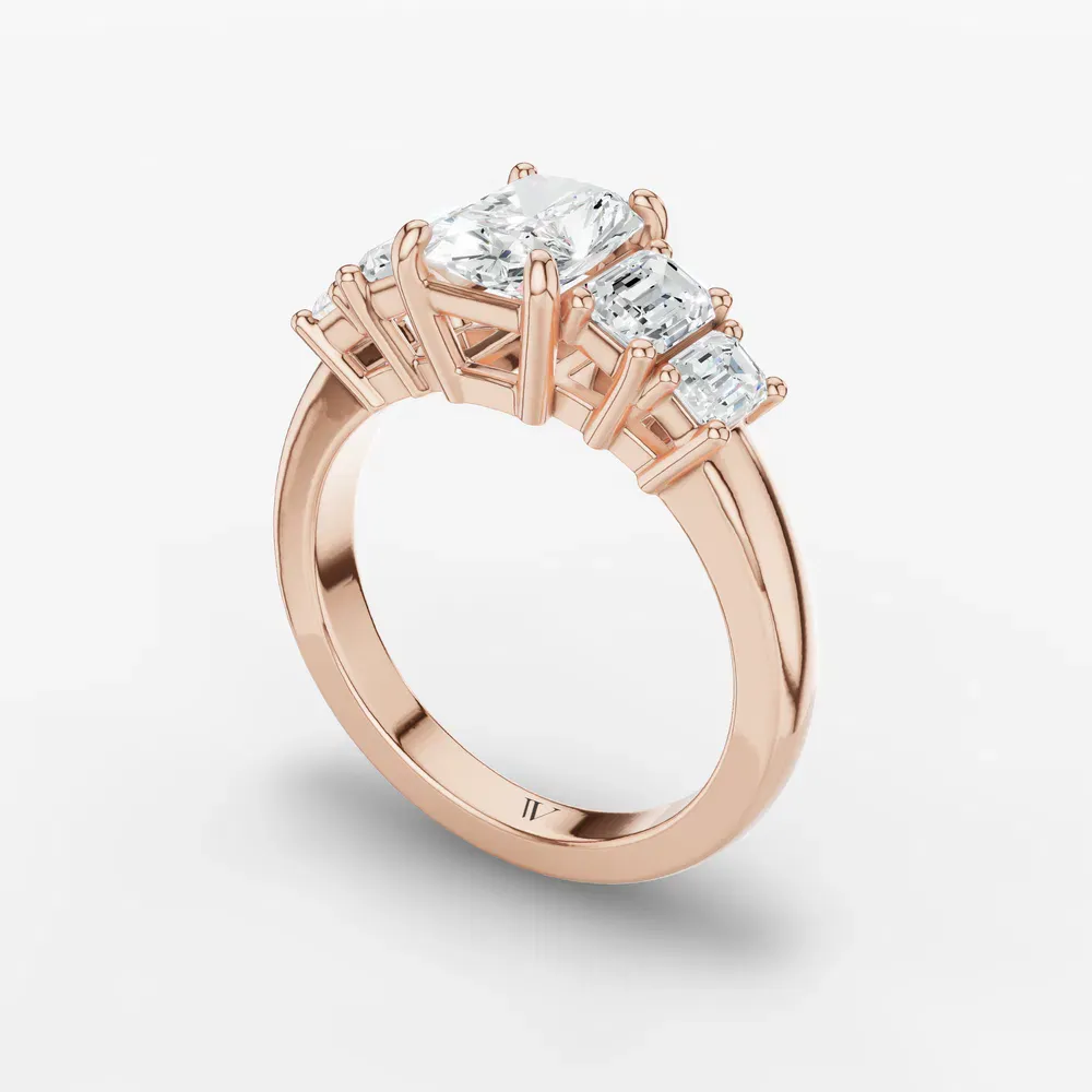 Certified 1 carat Lab Grown Diamond Radiant Cut Five Stone, Side Stone Engagement Ring in 18K Rose Gold-Osvh