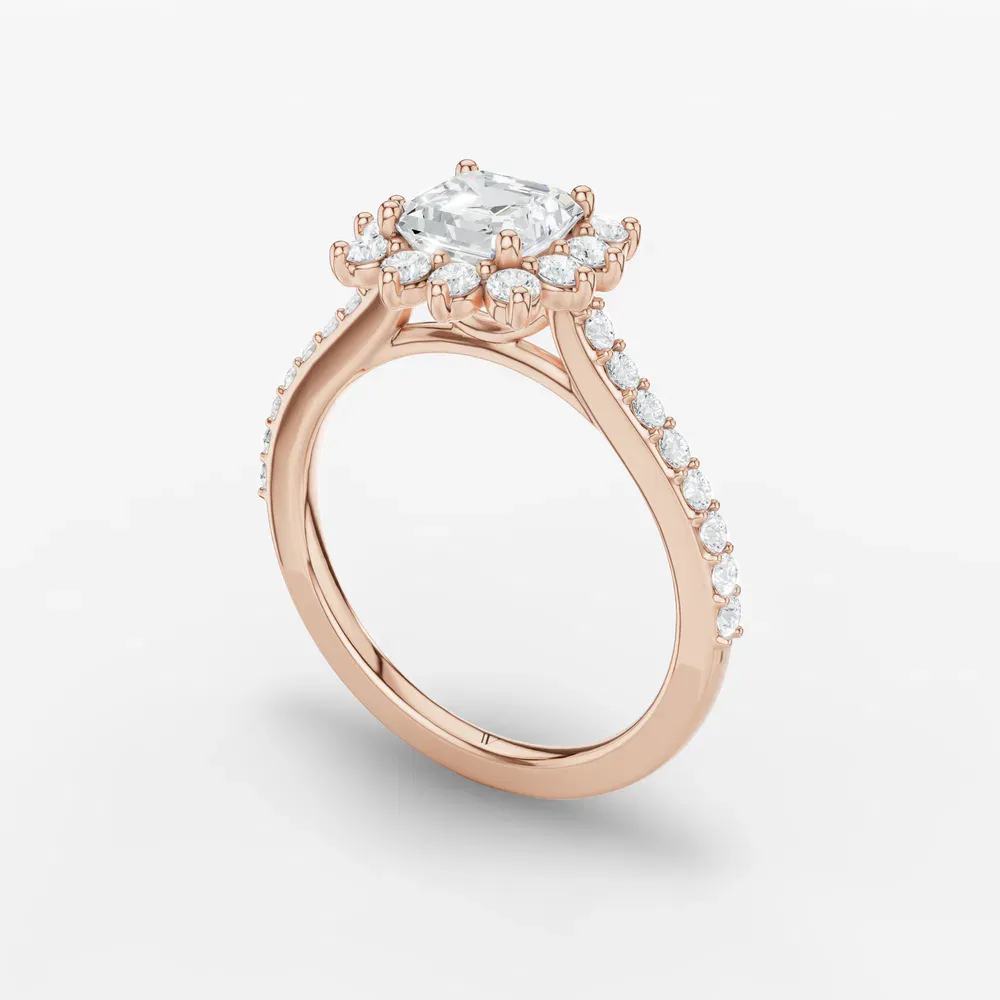 Certified 1 carat Lab Grown Diamond Asscher Cut Pavé, Halo, Floral Engagement Ring in 18K Rose Gold-Elite Juniper