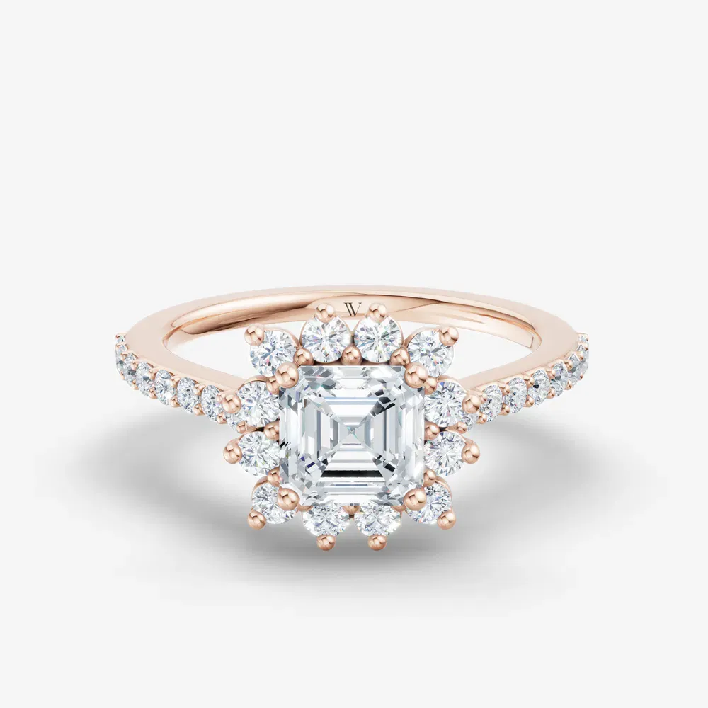 Certified 1 carat Lab Grown Diamond Asscher Cut Pavé, Halo, Floral Engagement Ring in 18K Rose Gold-Elite Juniper