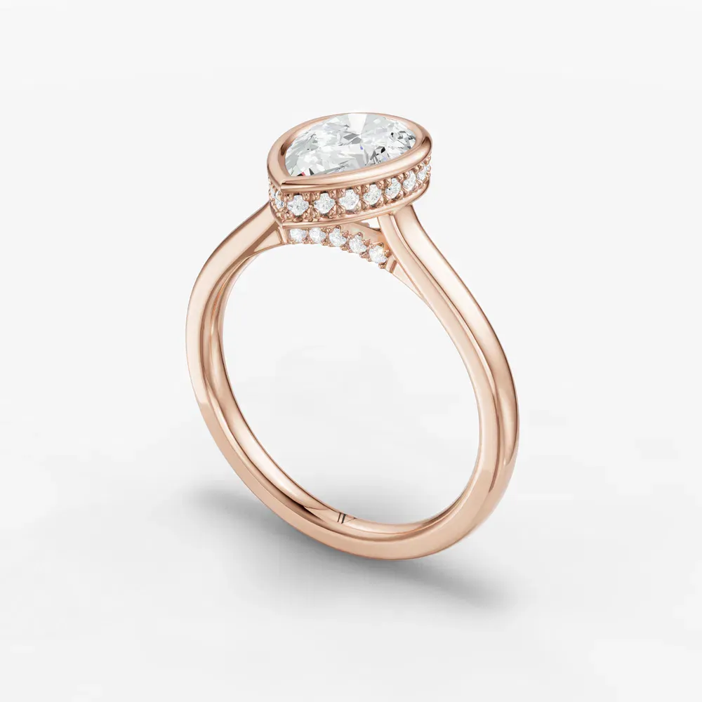 Certified 1 carat Lab Grown Diamond Pear Cut Bezel, Solitaire, Hidden Halo Engagement Ring in 14K Rose Gold-Nival