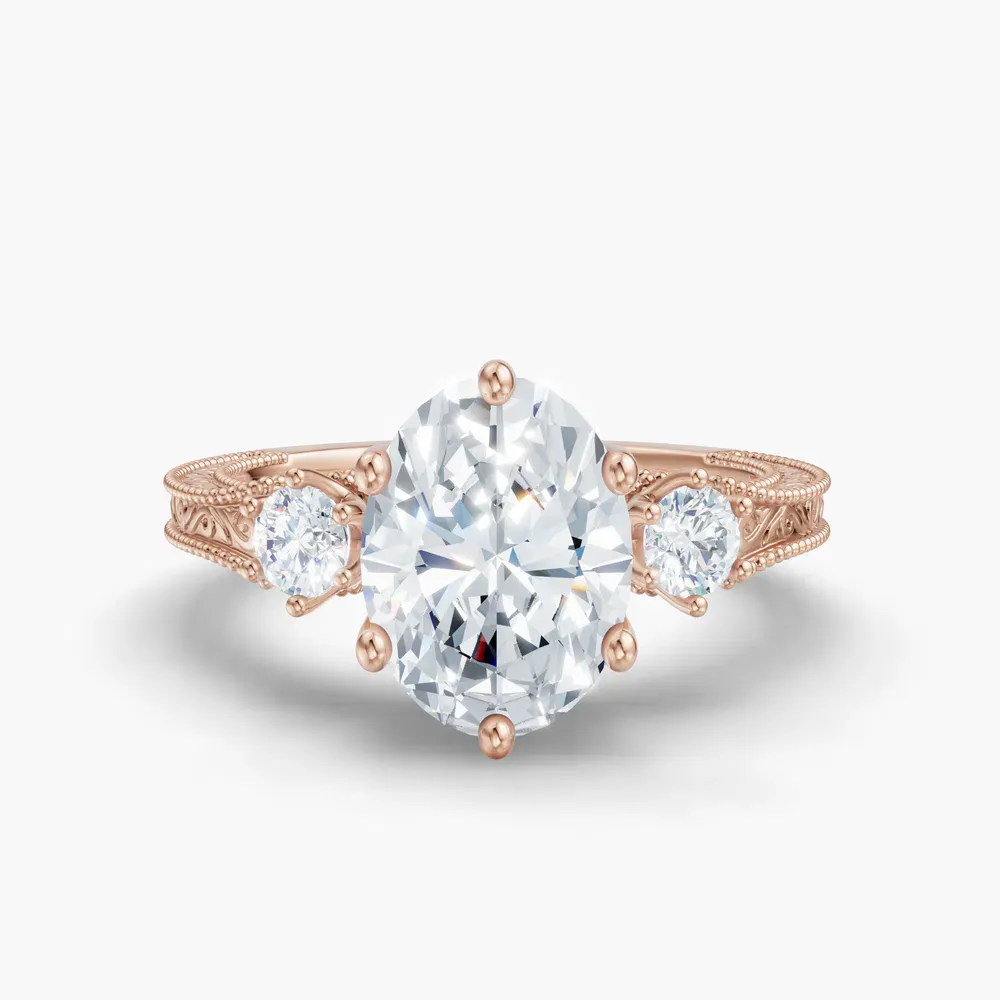 Certified 1 carat Lab Grown Diamond Oval Cut Three Stone, Unique, Milgrain Engagement Ring in 14K Rose Gold-Zara