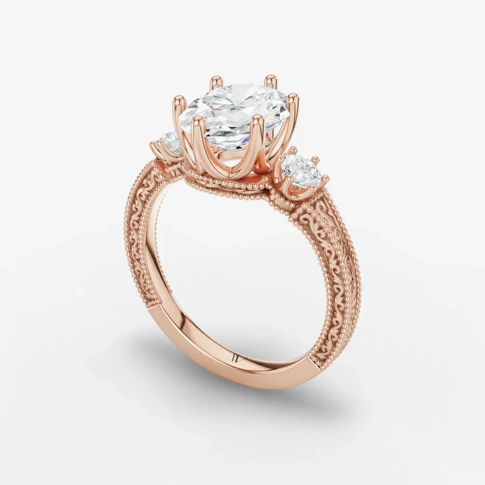 Certified 1 carat Lab Grown Diamond Oval Cut Three Stone, Unique, Milgrain Engagement Ring in 14K Rose Gold-Zara