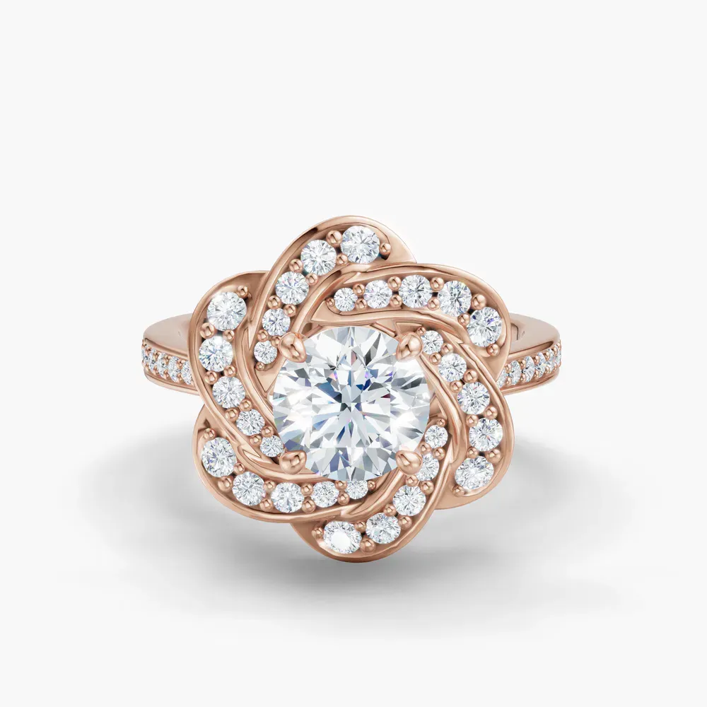 Certified 1 carat Lab Grown Diamond Round Cut Floral, Nature inspired, Cathedral Engagement Ring in 18K Rose Gold-Vorina