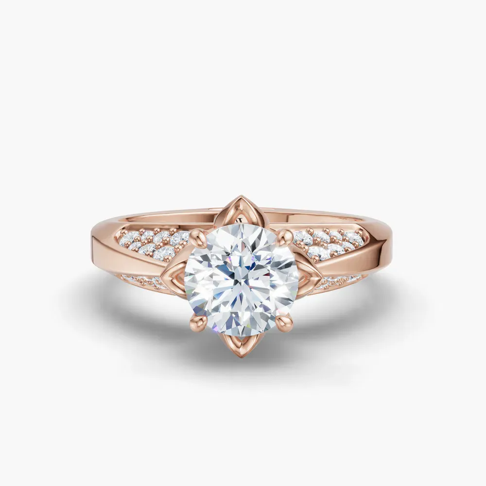 Certified 1 carat Lab Grown Diamond Round Cut Nature inspired, Floral, Vintage Engagement Ring in 14K Rose Gold-Tulip