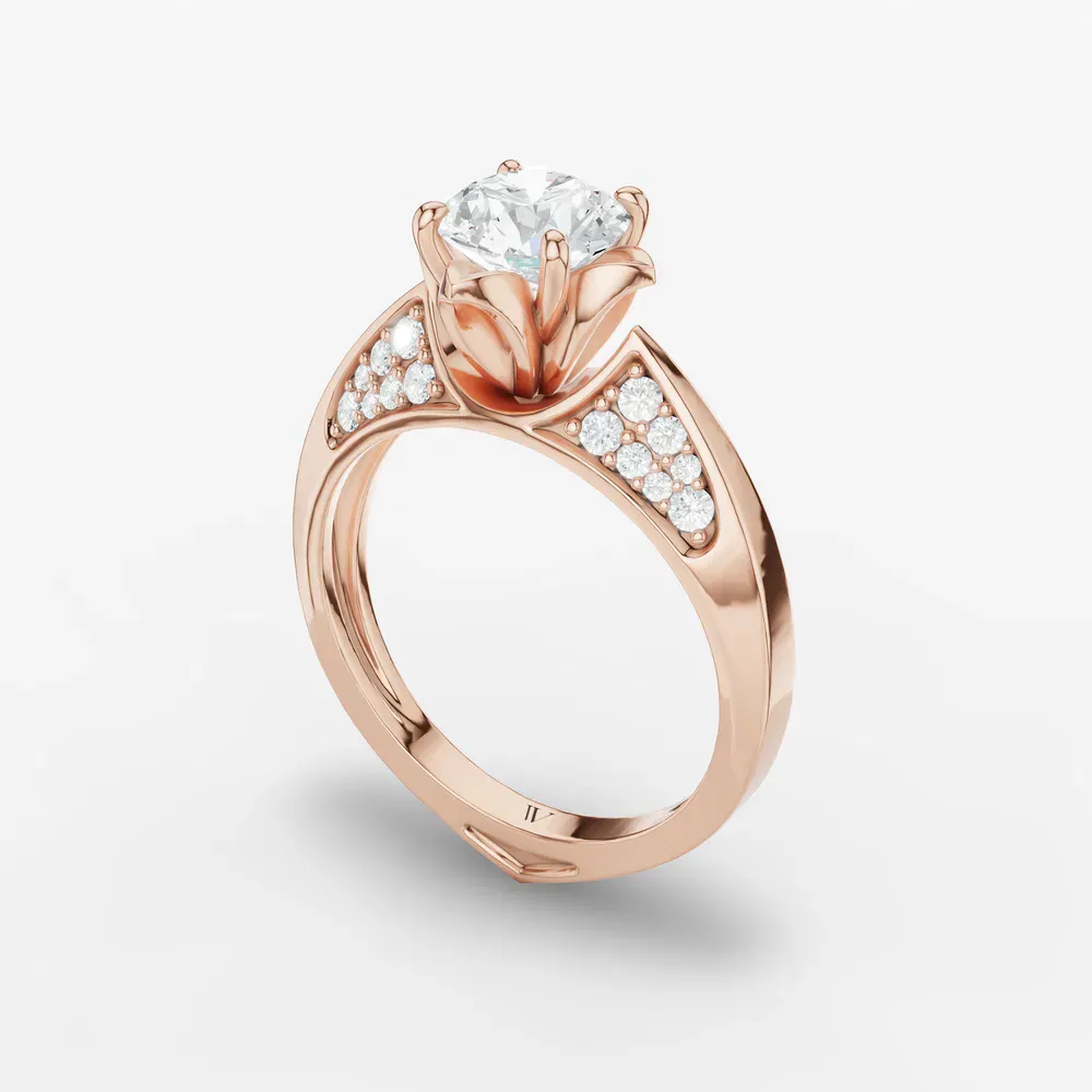 Certified 1 carat Lab Grown Diamond Round Cut Nature inspired, Floral, Vintage Engagement Ring in 14K Rose Gold-Tulip