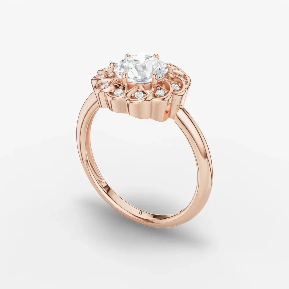 Certified 1 carat Lab Grown Diamond Round Cut Floral, Nature inspired, Six Prong Engagement Ring in 14K Rose Gold-Gleam