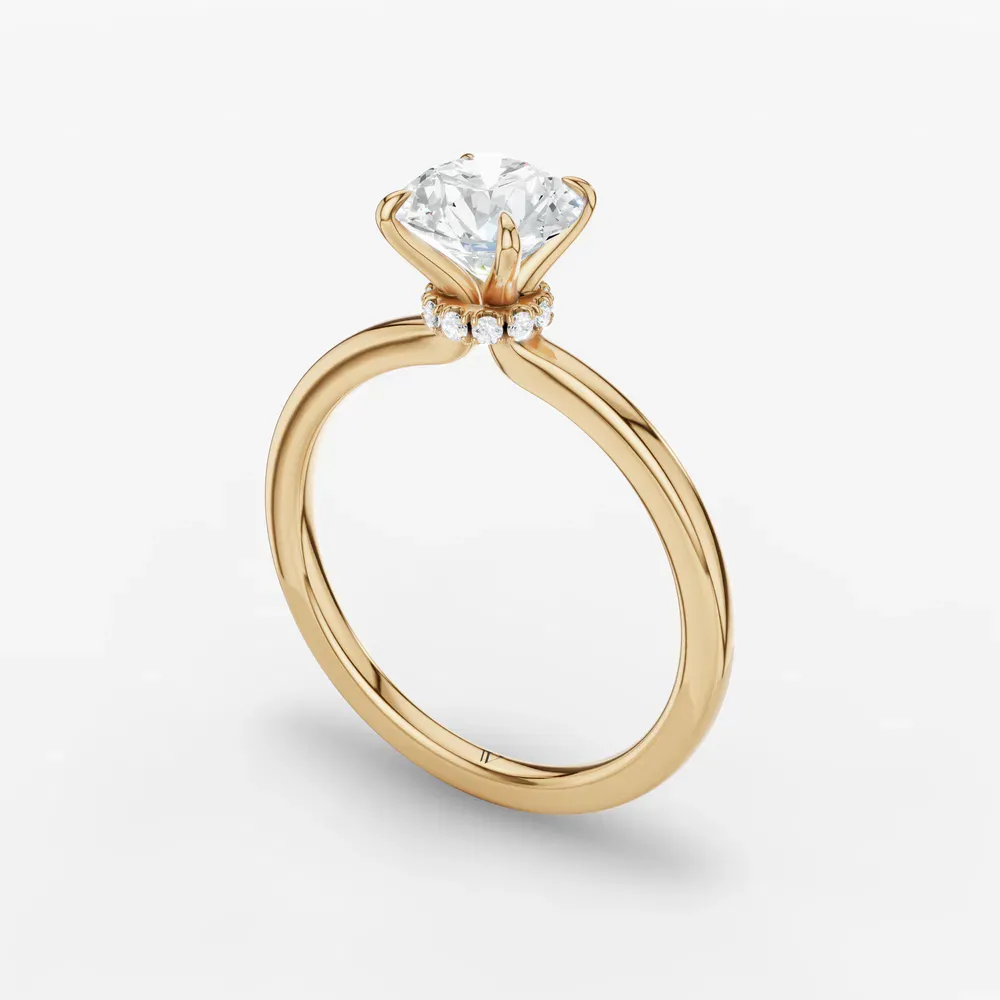 Certified 1 carat Lab Grown Diamond Round Cut Hidden Halo, Four Prong Engagement Ring in 14K Yellow Gold-Helia
