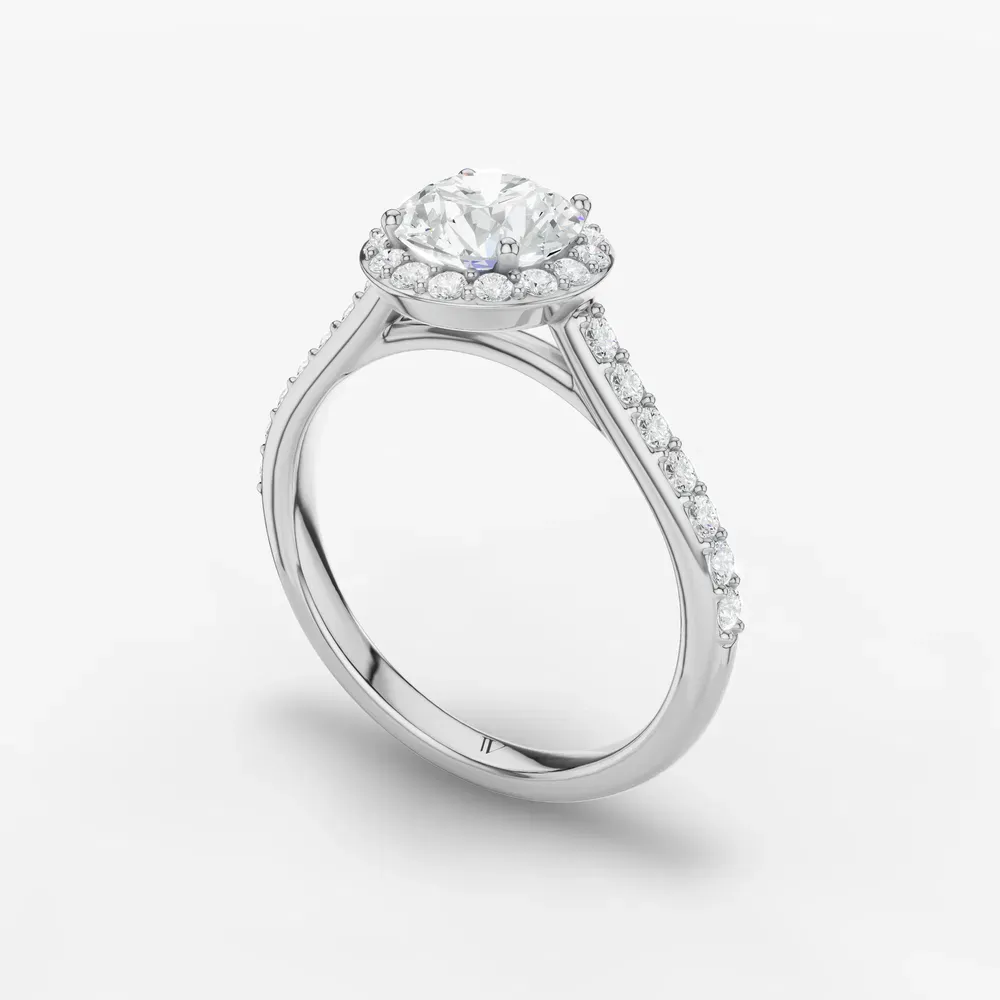 Certified 1 carat Lab Grown Diamond Round Cut Pavé, Halo, Cathedral Engagement Ring in 14K White Gold-Kvolt