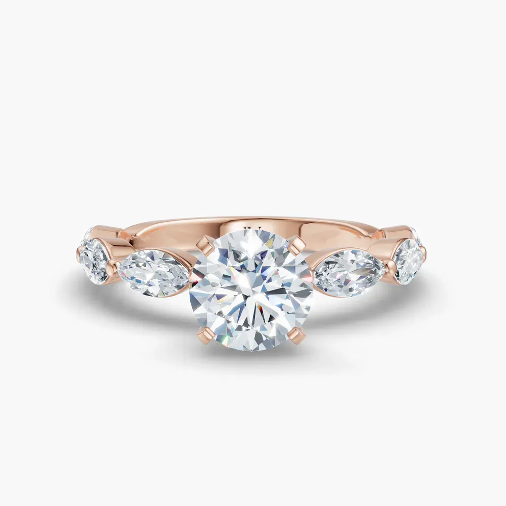 Certified 1 carat Lab Grown Diamond Round Cut Four Prong, Side Stone Engagement Ring in 14K Rose Gold-Trind