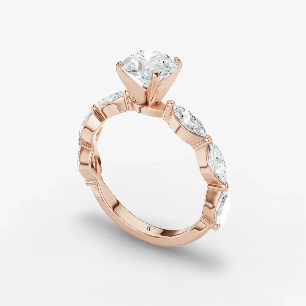 Certified 1 carat Lab Grown Diamond Round Cut Four Prong, Side Stone Engagement Ring in 14K Rose Gold-Trind