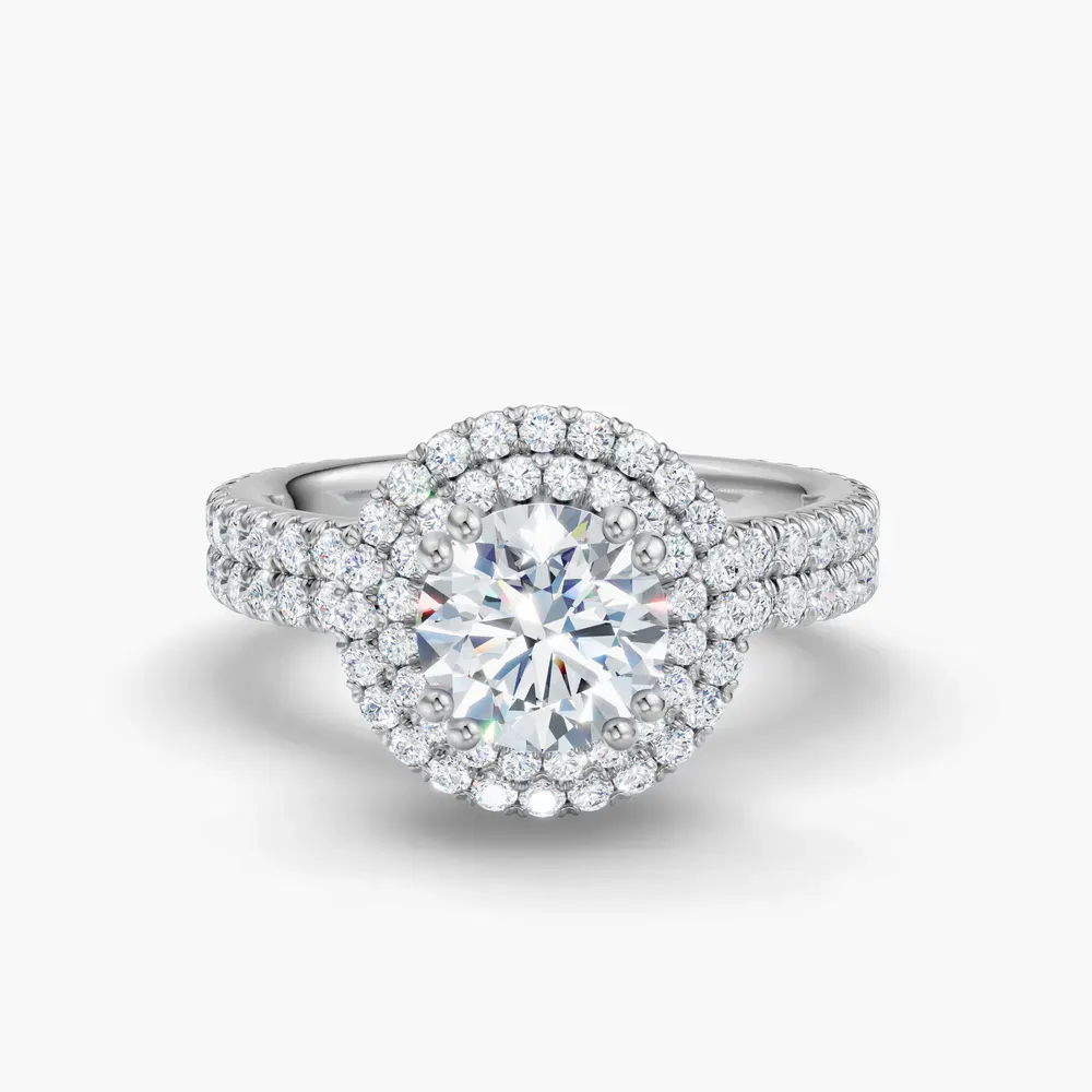 Certified 1 carat Lab Grown Diamond Round Cut Pavé, Halo, Hidden Halo Engagement Ring in 14K White Gold-Caela