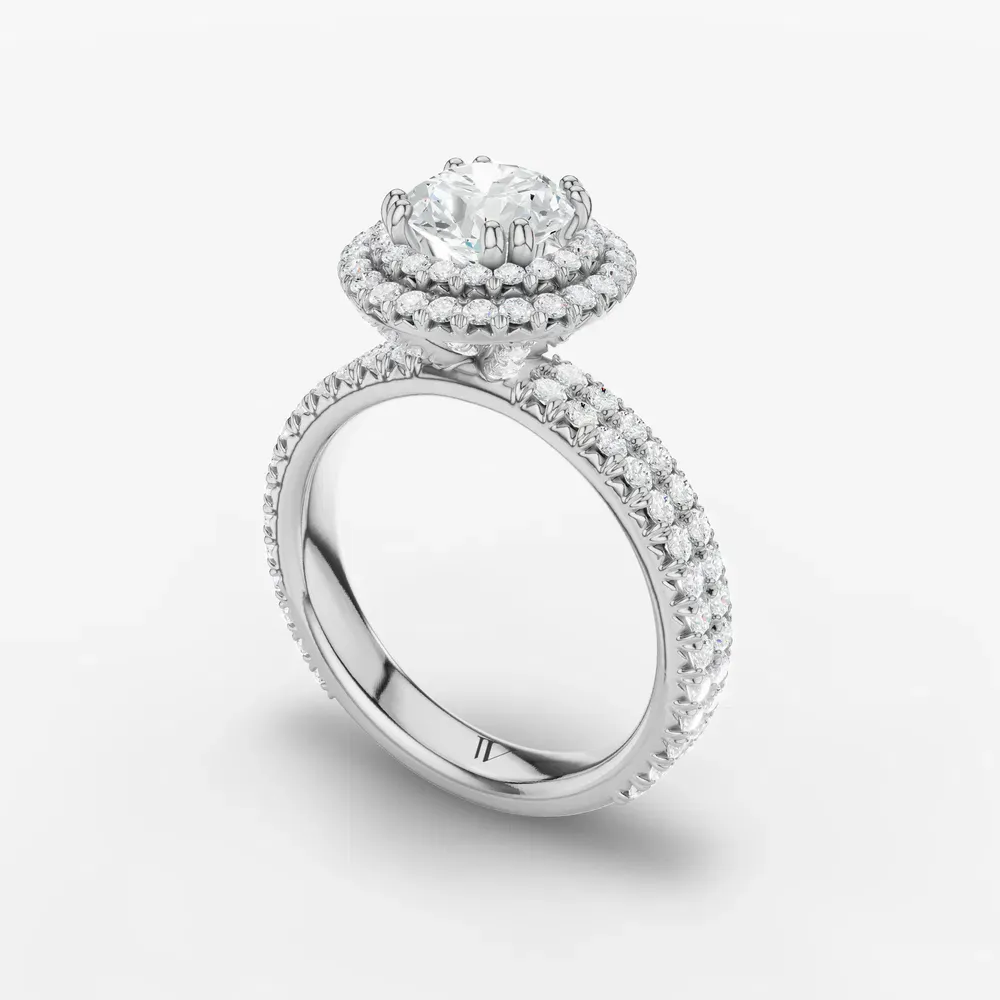 Certified 1 carat Lab Grown Diamond Round Cut Pavé, Halo, Hidden Halo Engagement Ring in 14K White Gold-Caela