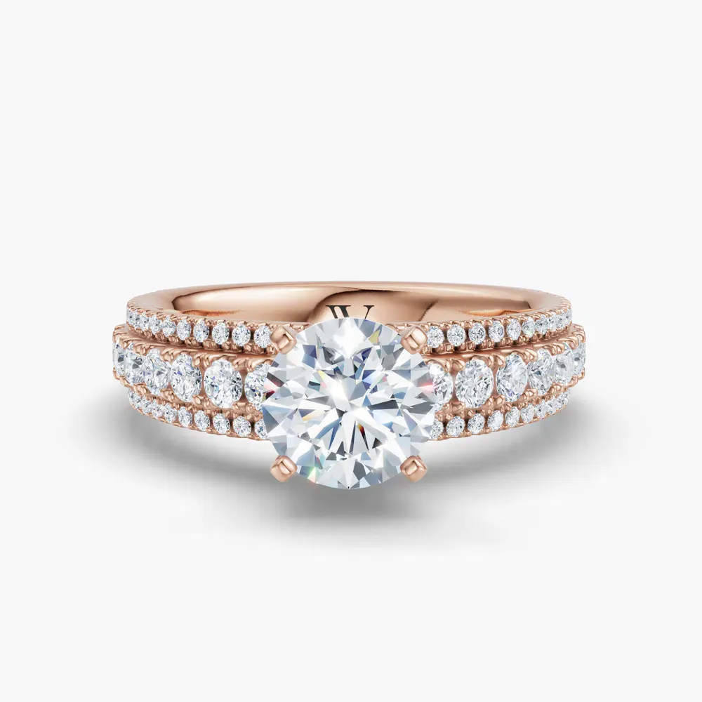 Certified 1 carat Lab Grown Diamond Round Cut Pavé, Four Prong Engagement Ring in 14K Rose Gold-Riven