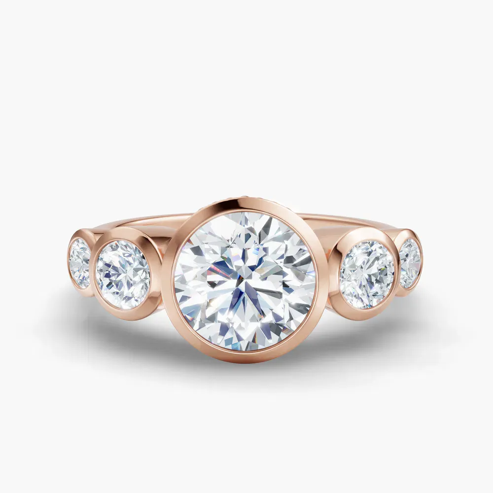 Certified 1 carat Lab Grown Diamond Round Cut Five Stone, Milgrain, Bezel Engagement Ring in 14K Rose Gold-Sole