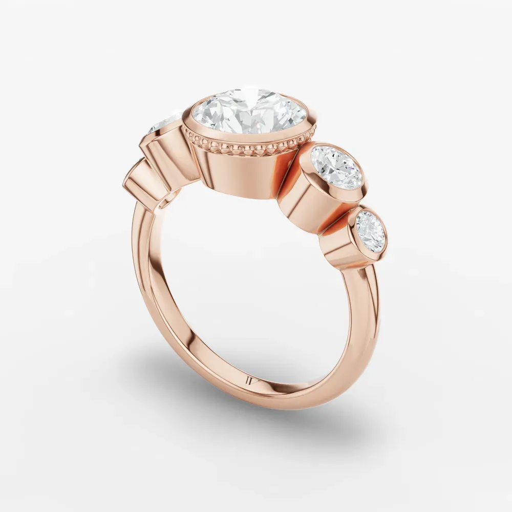 Certified 1 carat Lab Grown Diamond Round Cut Five Stone, Milgrain, Bezel Engagement Ring in 14K Rose Gold-Sole