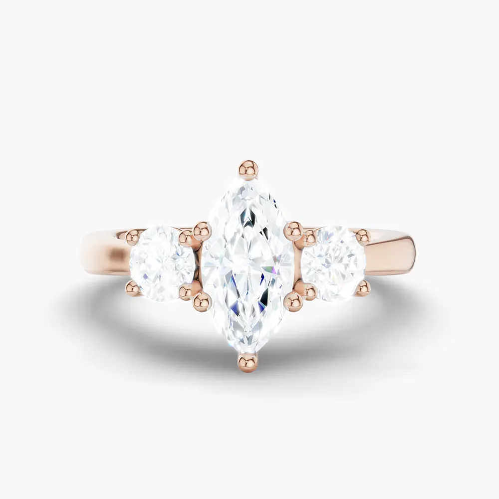 Certified 1 carat Lab Grown Diamond Marquise Cut Three Stone, Side Stone, Low profile Engagement Ring in 14K Rose Gold-Valeri