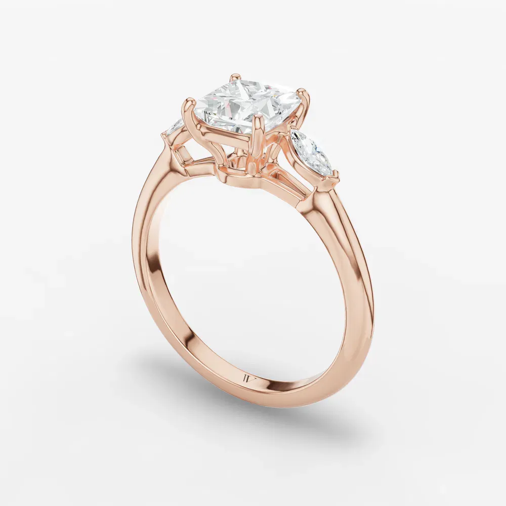 Certified 1 carat Lab Grown Diamond Princess Cut Three Stone, Side Stone Engagement Ring in 14K Rose Gold-Glow