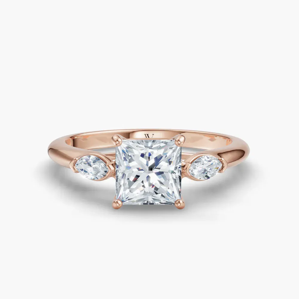 Certified 1 carat Lab Grown Diamond Princess Cut Three Stone, Side Stone Engagement Ring in 14K Rose Gold-Glow