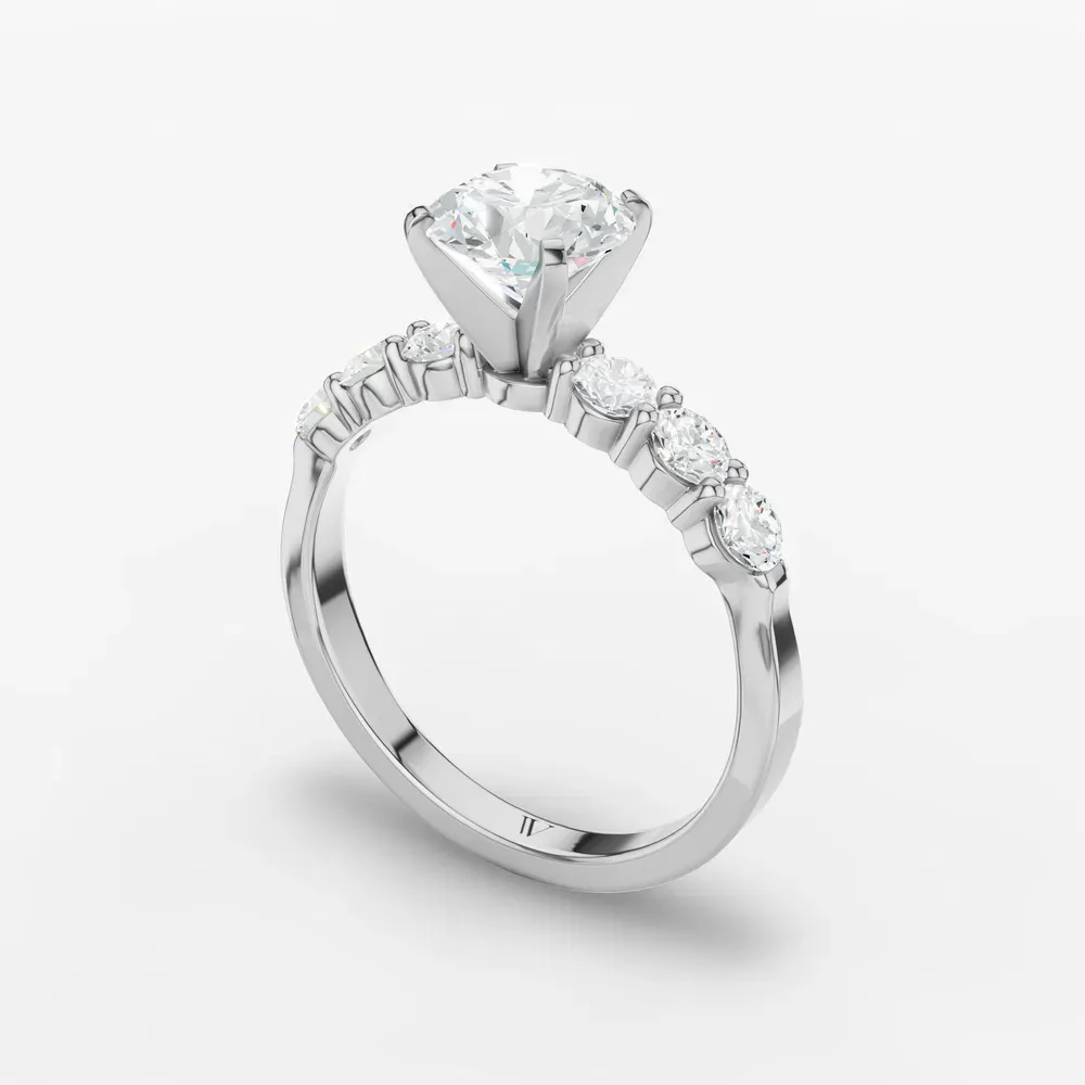 Certified 1 carat Lab Grown Diamond Round Cut Four Prong, Side Stone Engagement Ring in 14K White Gold-Nylis