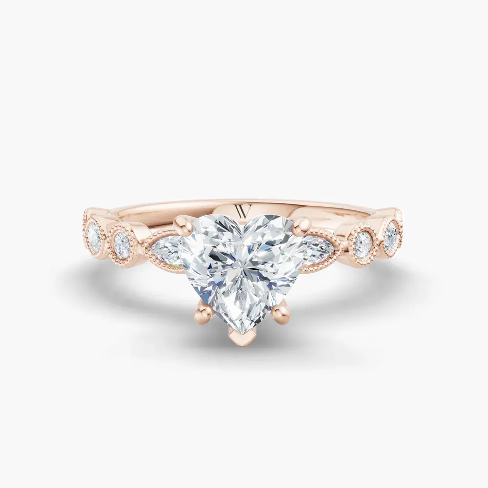Certified 1 carat Lab Grown Diamond Heart Cut Vintage, Milgrain, Side Stone Engagement Ring in 14K Rose Gold-Sior
