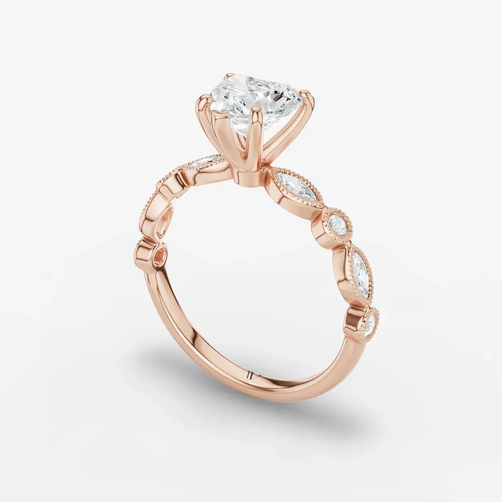 Certified 1 carat Lab Grown Diamond Heart Cut Vintage, Milgrain, Side Stone Engagement Ring in 14K Rose Gold-Sior