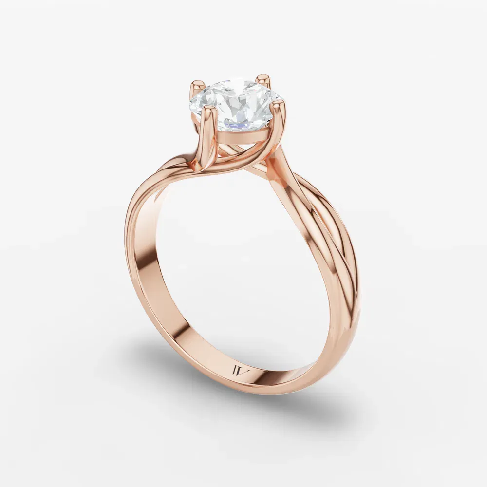 Certified 1 carat Lab Grown Diamond Round Cut Solitaire, Split Shank, Twist Engagement Ring in 14K Rose Gold-Ruby