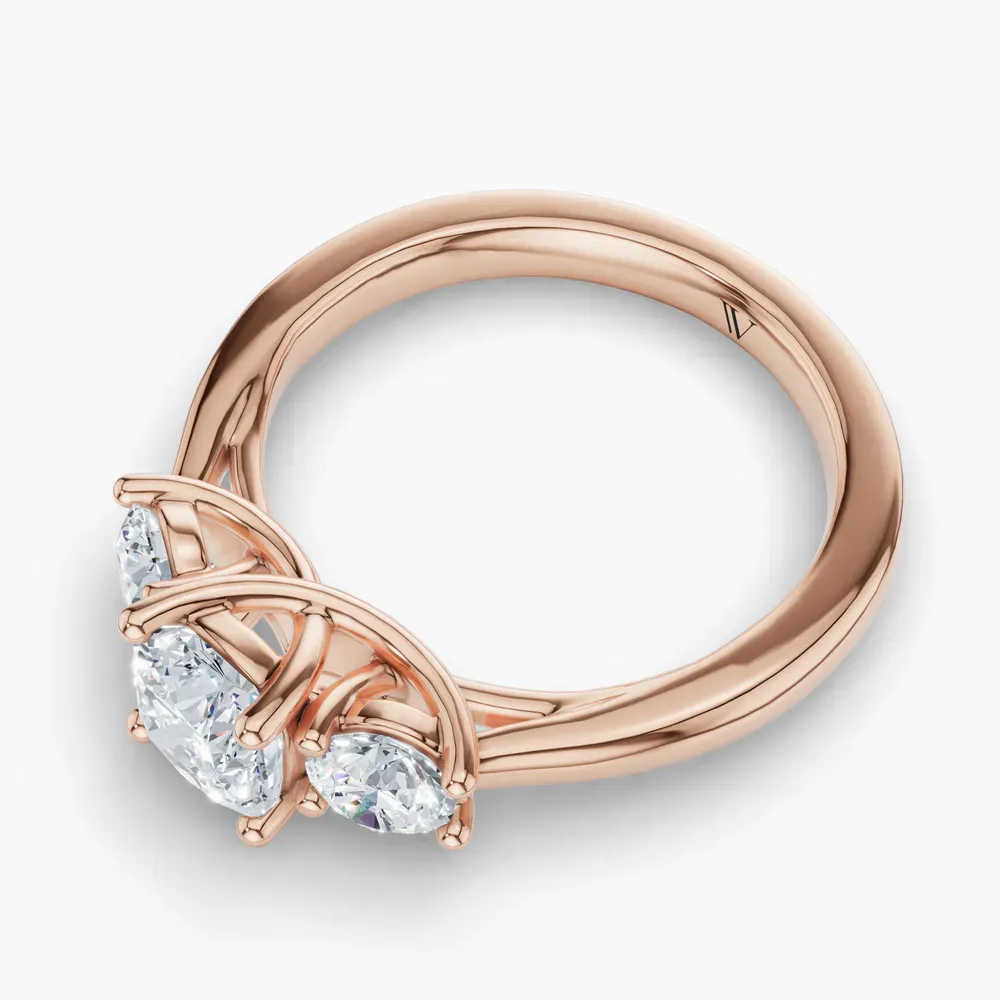 Certified 1 carat Lab Grown Diamond Cushion Cut Three Stone, Side Stone, Low profile Engagement Ring in 14K Rose Gold-Valeri