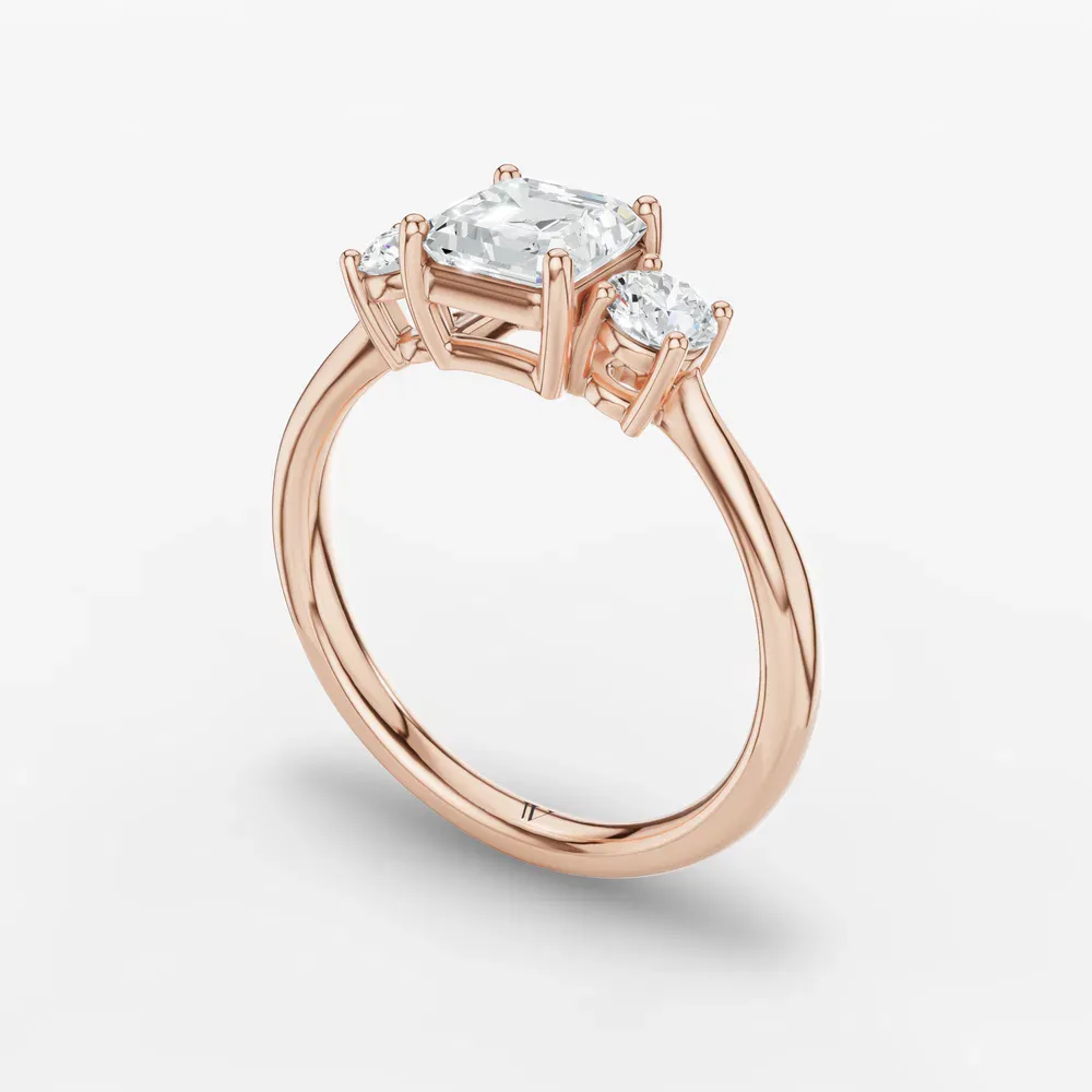 Certified 1 carat Lab Grown Diamond Asscher Cut Three Stone, Side Stone, Low profile Engagement Ring in 14K Rose Gold-Dhyra