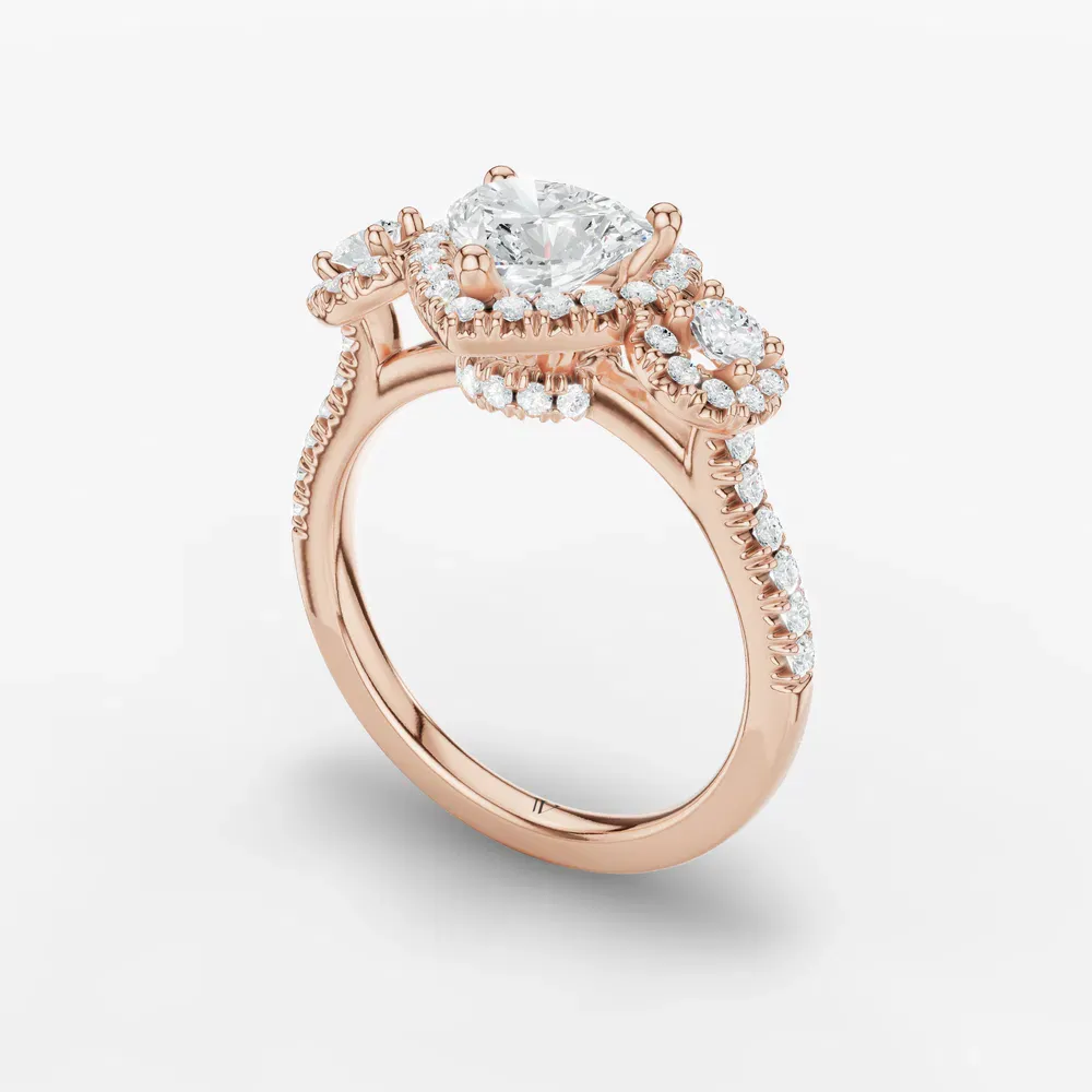 Certified 1 carat Lab Grown Diamond Heart Cut Three Stone, Halo, Hidden Halo Engagement Ring in 14K Rose Gold-Hylor