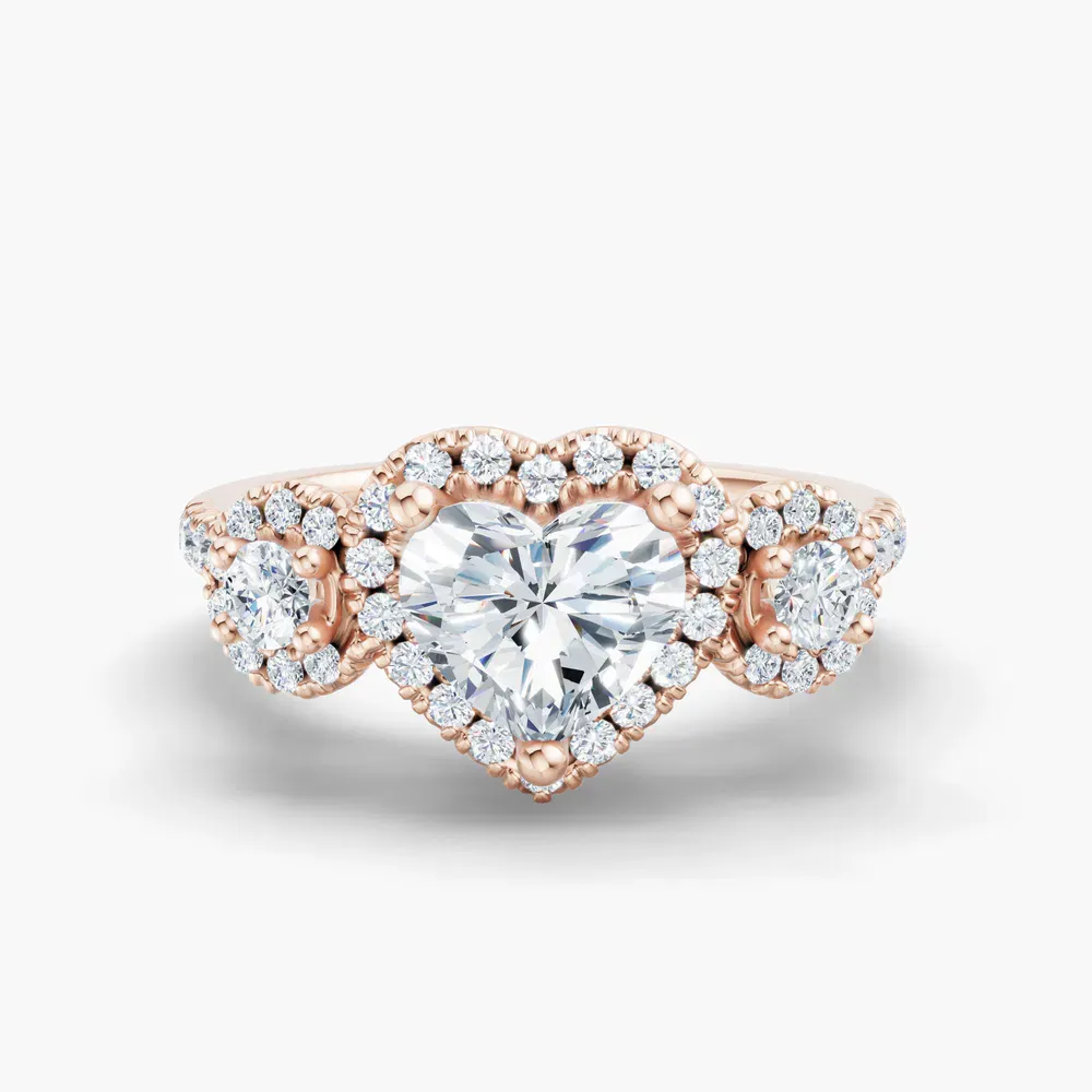 Certified 1 carat Lab Grown Diamond Heart Cut Three Stone, Halo, Hidden Halo Engagement Ring in 14K Rose Gold-Hylor