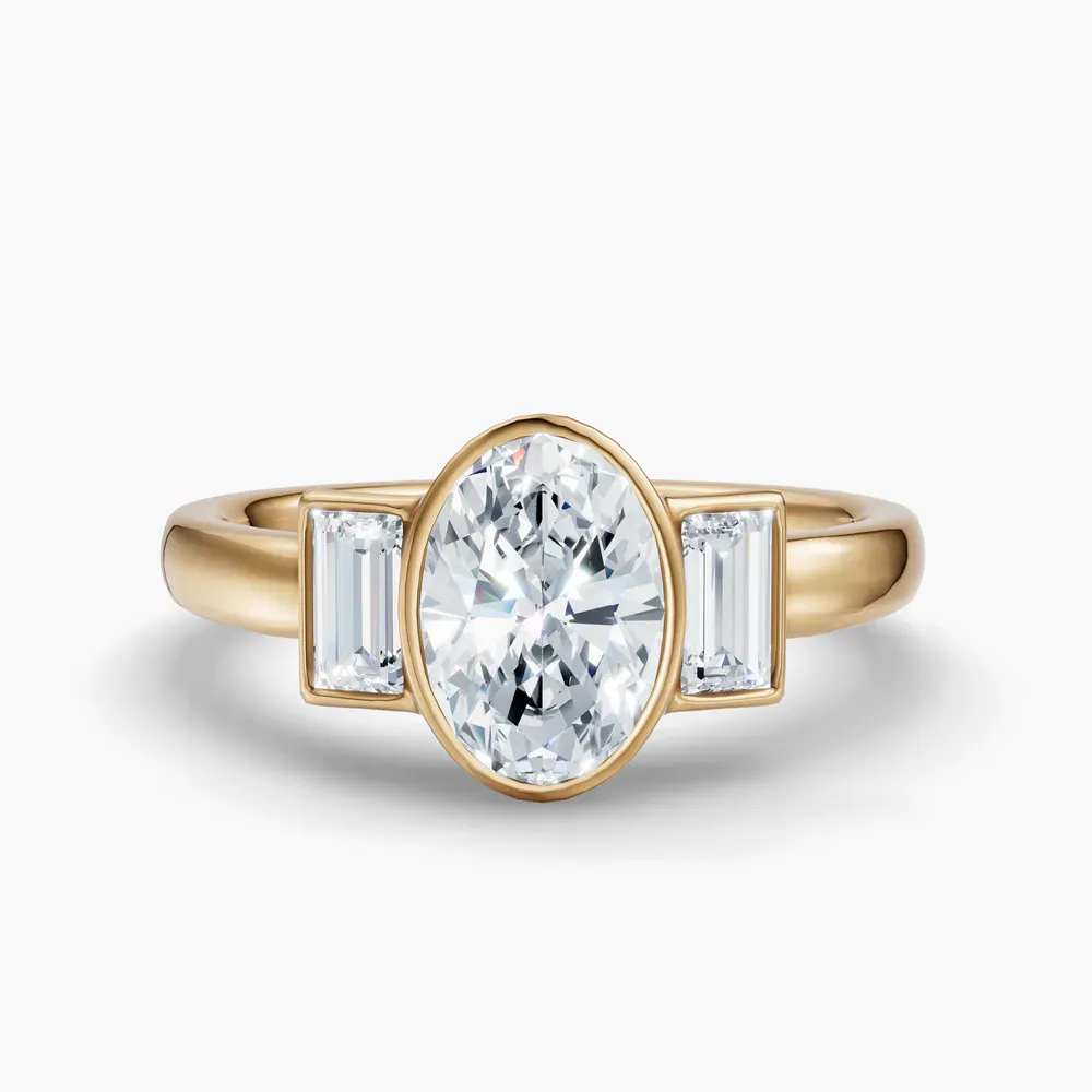 Certified 1 carat Lab Grown Diamond Oval Cut Three Stone, Bezel, Baguette Engagement Ring in 14K Yellow Gold-Kine