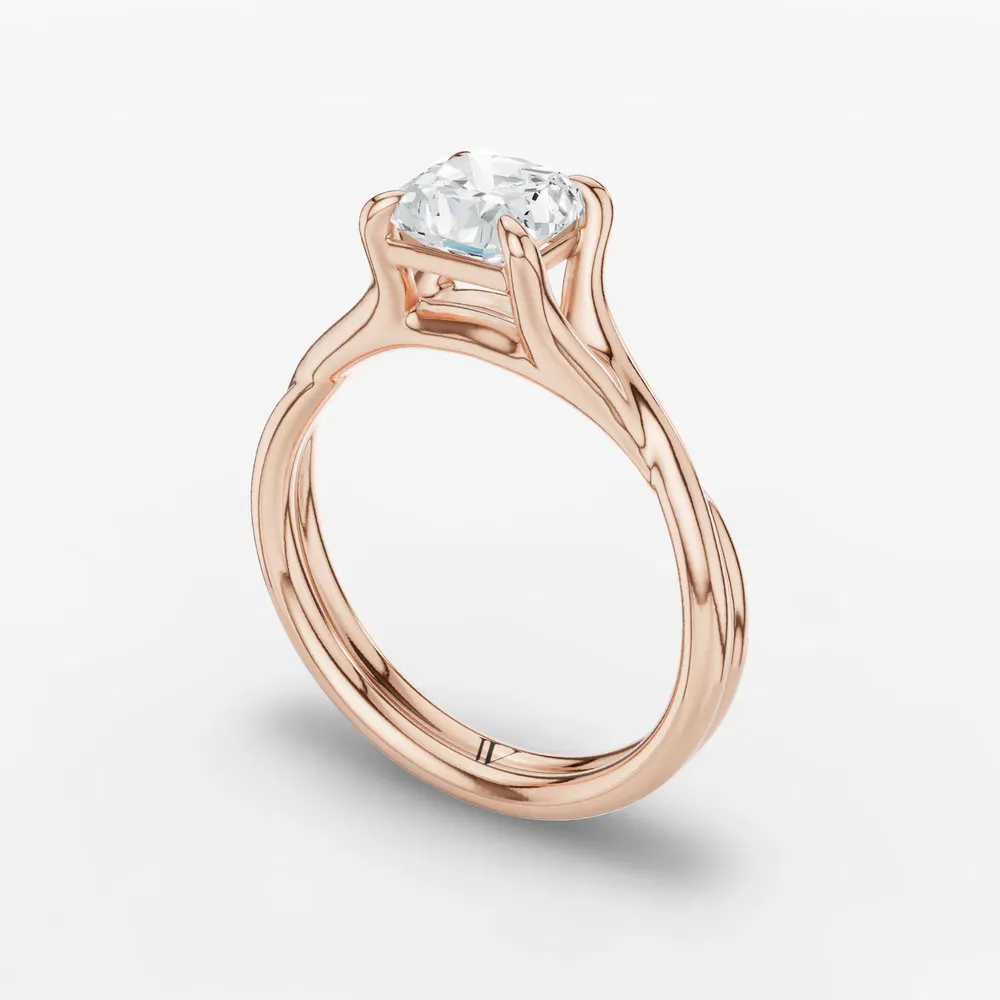 Certified 1 carat Lab Grown Diamond Cushion Cut Solitaire, Twist, Split Shank Engagement Ring in 14K Rose Gold-Iridell