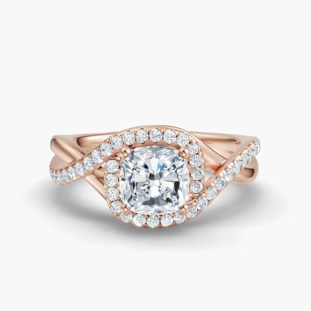 Certified 1 carat Lab Grown Diamond Cushion Cut Halo, Pavé, Twist Engagement Ring in 14K Rose Gold-Dell