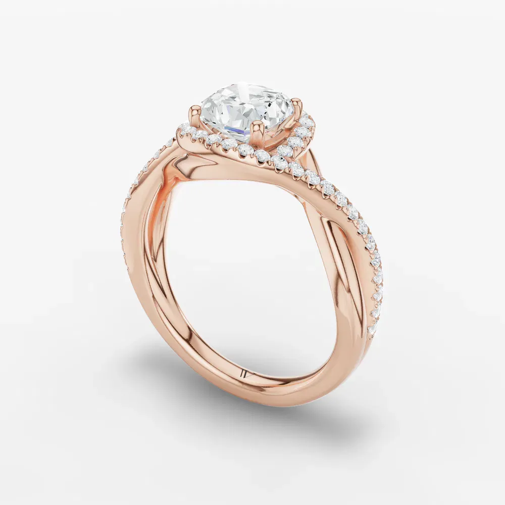 Certified 1 carat Lab Grown Diamond Cushion Cut Halo, Pavé, Twist Engagement Ring in 14K Rose Gold-Dell