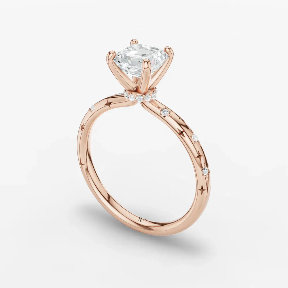 Certified 1 carat Lab Grown Diamond Asscher Cut Hidden Halo, Unique, Side Stone Engagement Ring in 14K Rose Gold-Celestyn