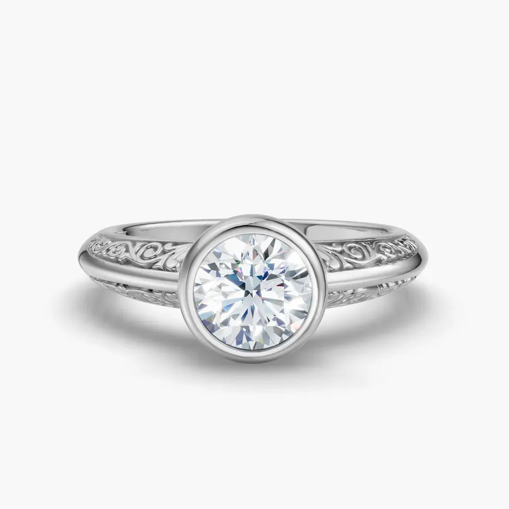 Certified 1 carat Lab Grown Diamond Round Cut Solitaire, Vintage, Bezel Engagement Ring in 14K White Gold-Veyra