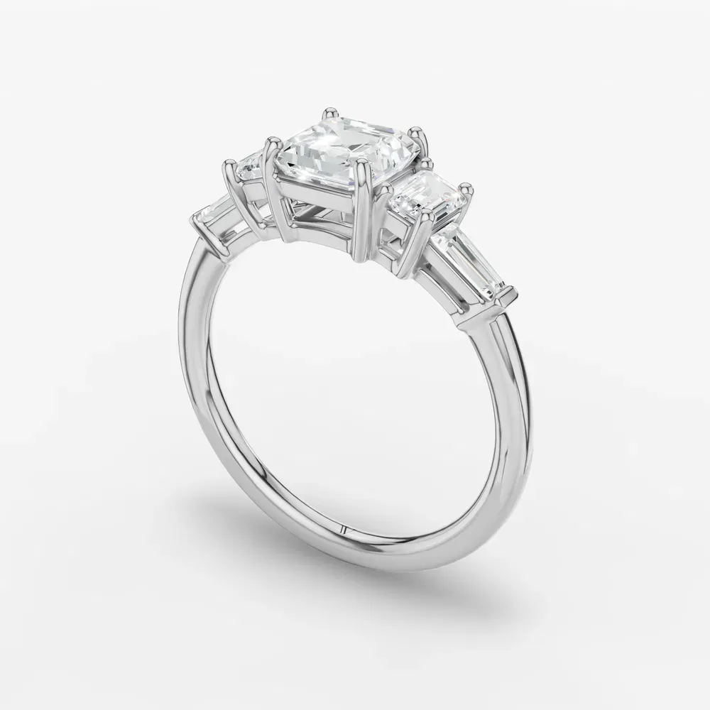 Certified 1 carat Lab Grown Diamond Asscher Cut Five Stone, Baguette, Art Deco Engagement Ring in 18K White Gold-Olume