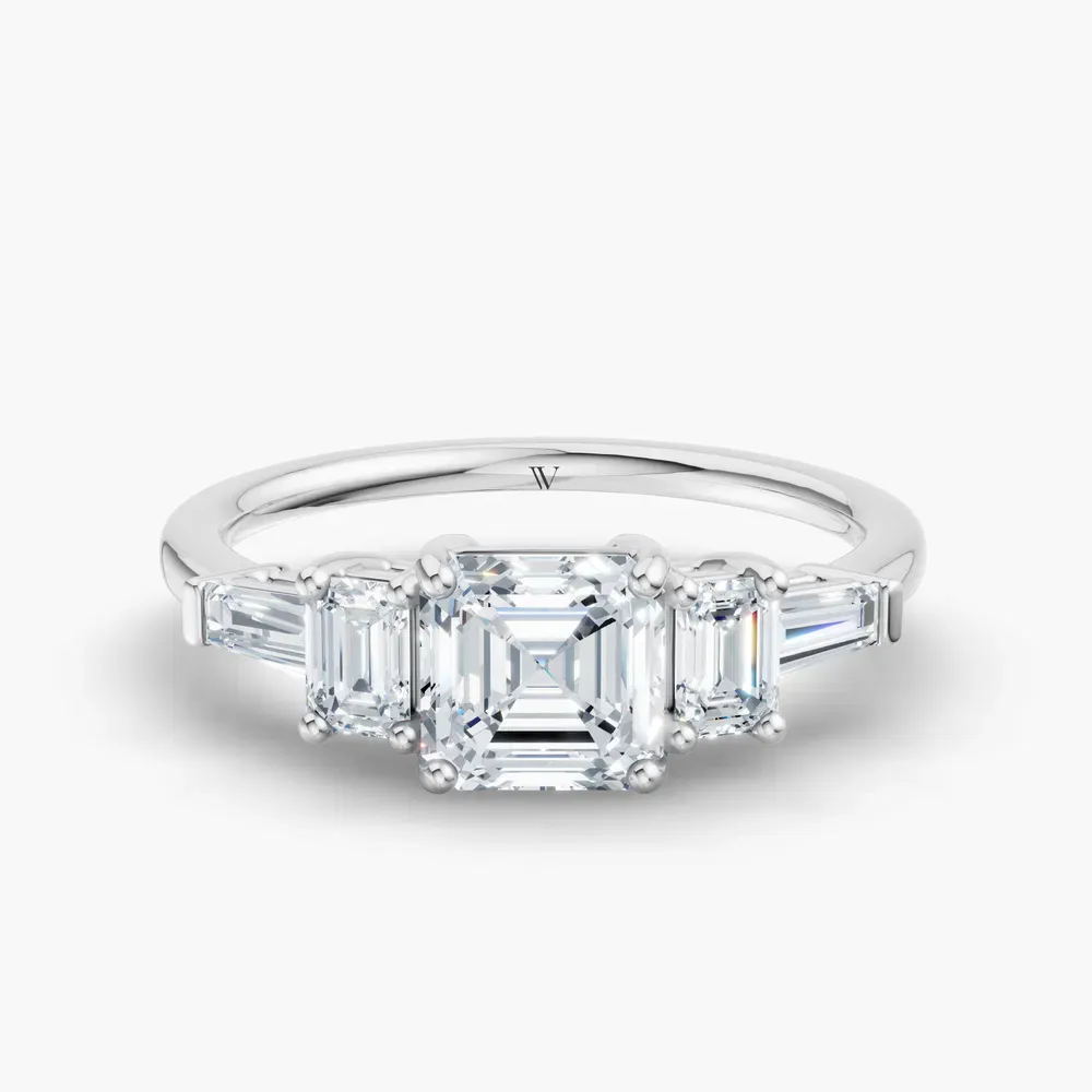 Certified 1 carat Lab Grown Diamond Asscher Cut Five Stone, Baguette, Art Deco Engagement Ring in 18K White Gold-Olume
