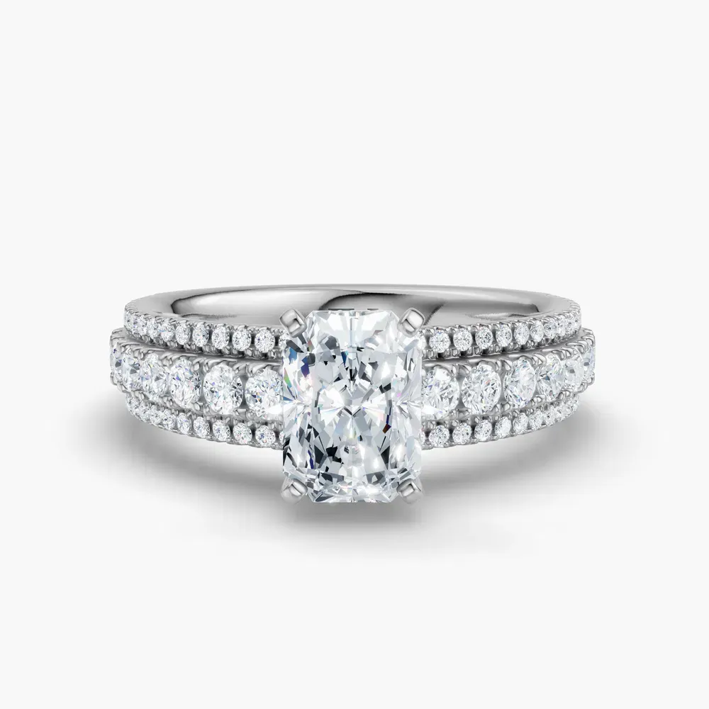 Certified 1 carat Lab Grown Diamond Radiant Cut Pavé Engagement Ring in 14K White Gold-Riven