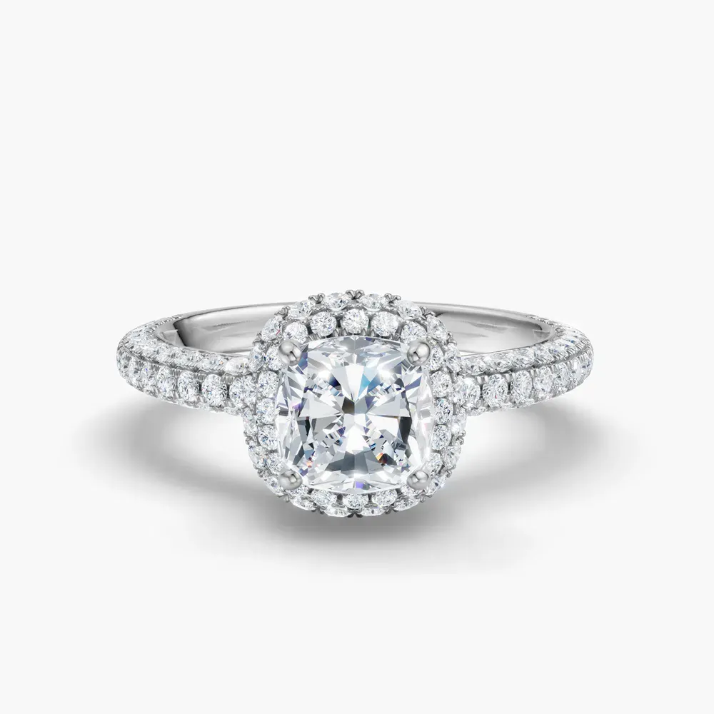 Certified 1 carat Lab Grown Diamond Cushion Cut Pavé, Halo, Hidden Halo Engagement Ring in 14K White Gold-Brym