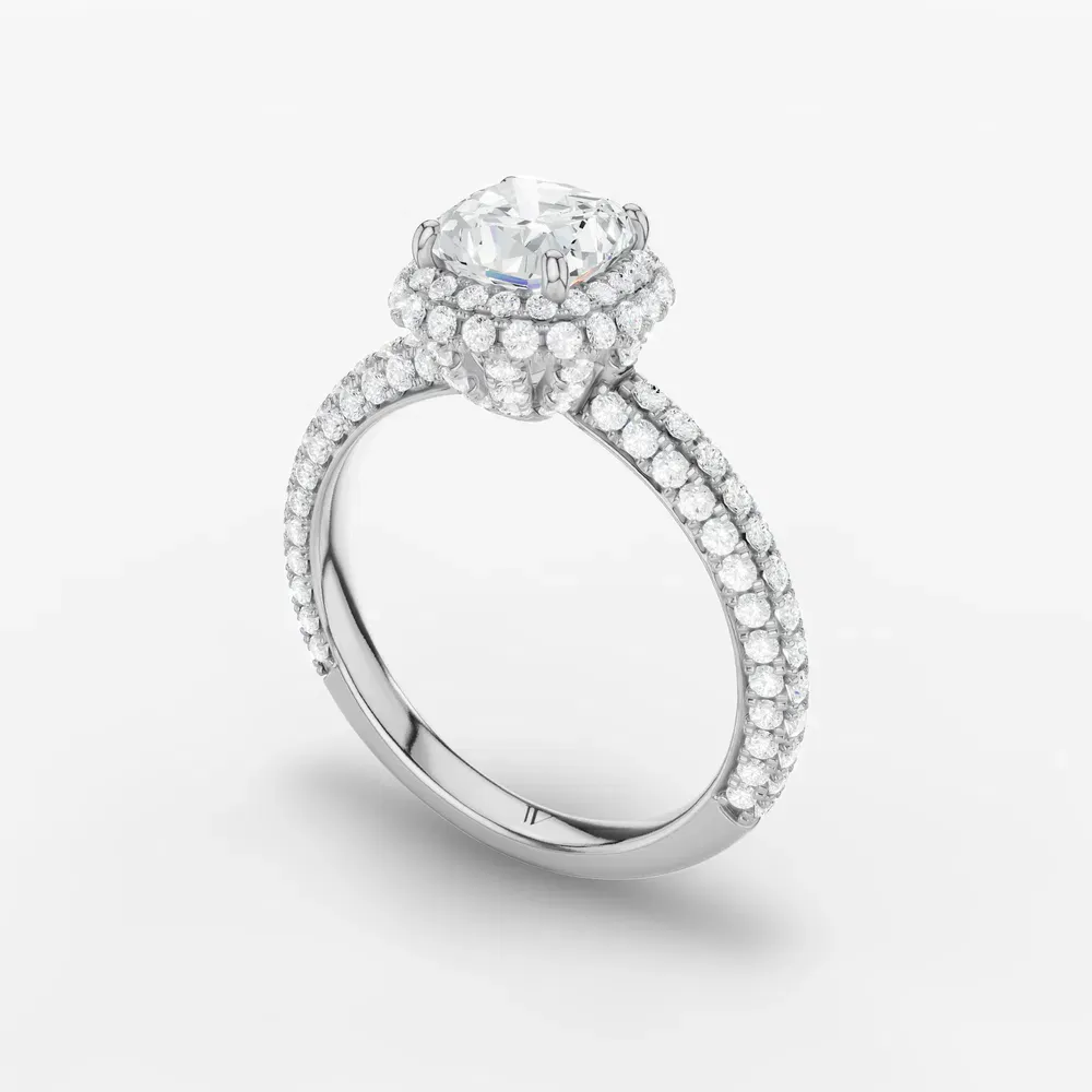 Certified 1 carat Lab Grown Diamond Cushion Cut Pavé, Halo, Hidden Halo Engagement Ring in 14K White Gold-Brym