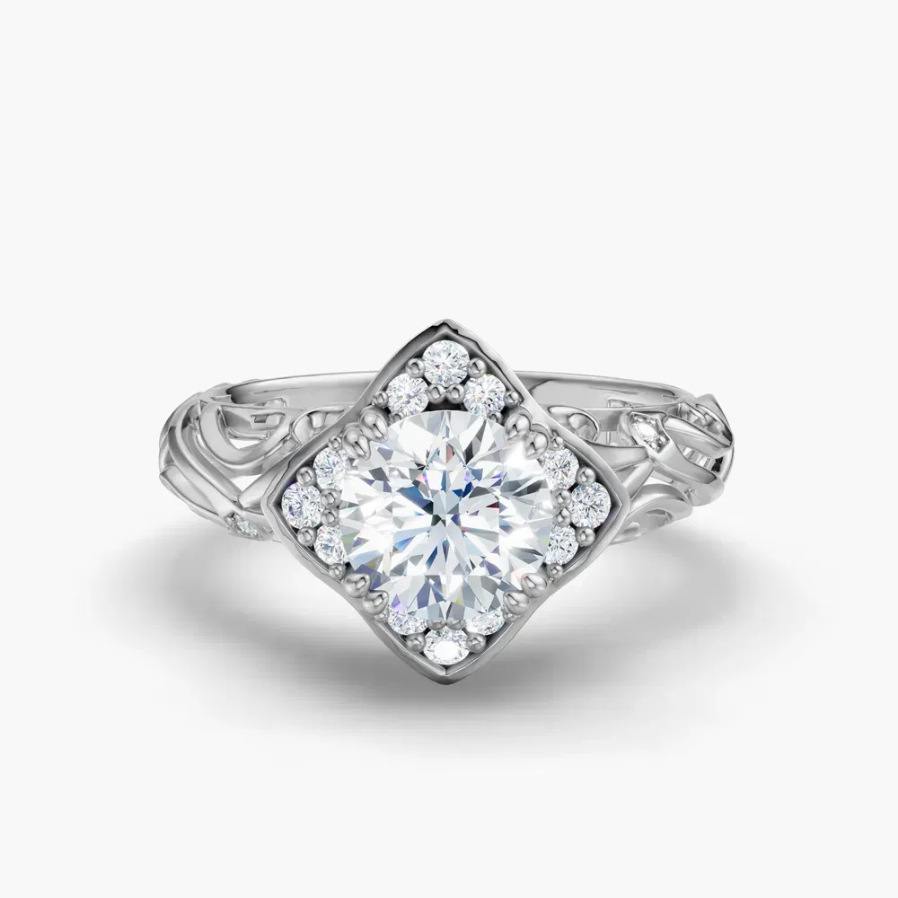 Certified 1 carat Lab Grown Diamond Round Cut Halo, Unique, Twist Engagement Ring in 18K White Gold-Larimar