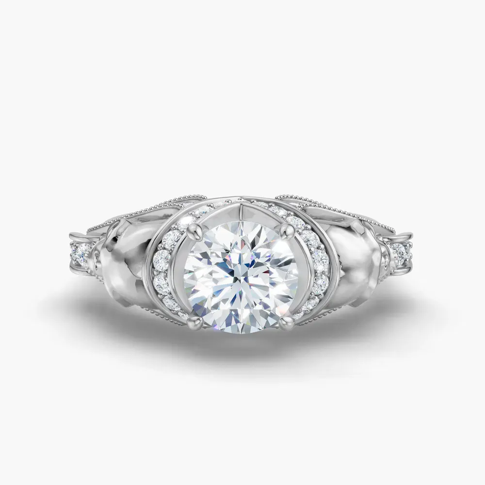 Certified 1 carat Lab Grown Diamond Round Cut Gothic, Milgrain, Side Stone Engagement Ring in 18K White Gold-Coralie